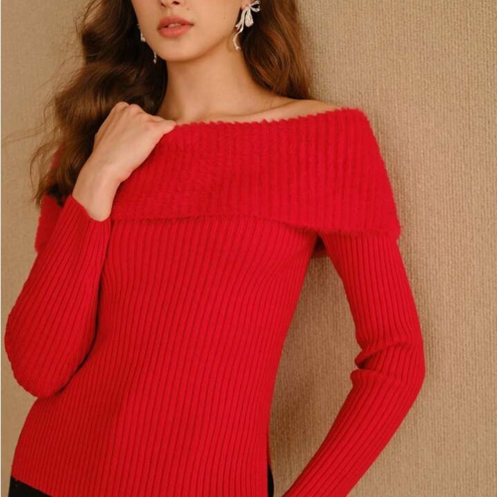 Elegant Red Off-Shoulder Sweater